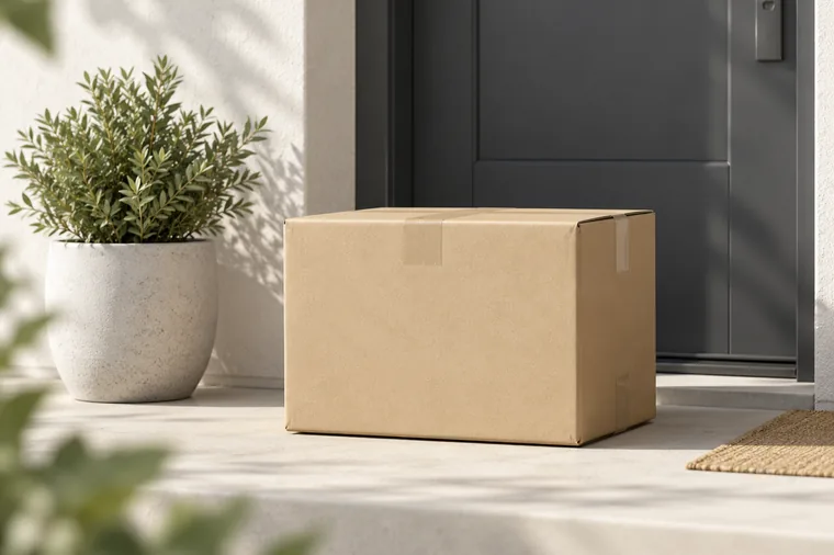 A sealed parcel waiting on a doorstep beside a potted plant.